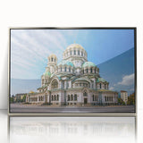 Large art print of a European Bulgarian scenery in mid-century modernist style on silver-framed acrylic.