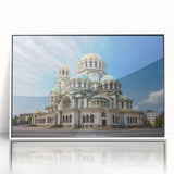 Mid-century modernist art depicting a European Bulgarian landscape in muted earth tones, framed acrylic.