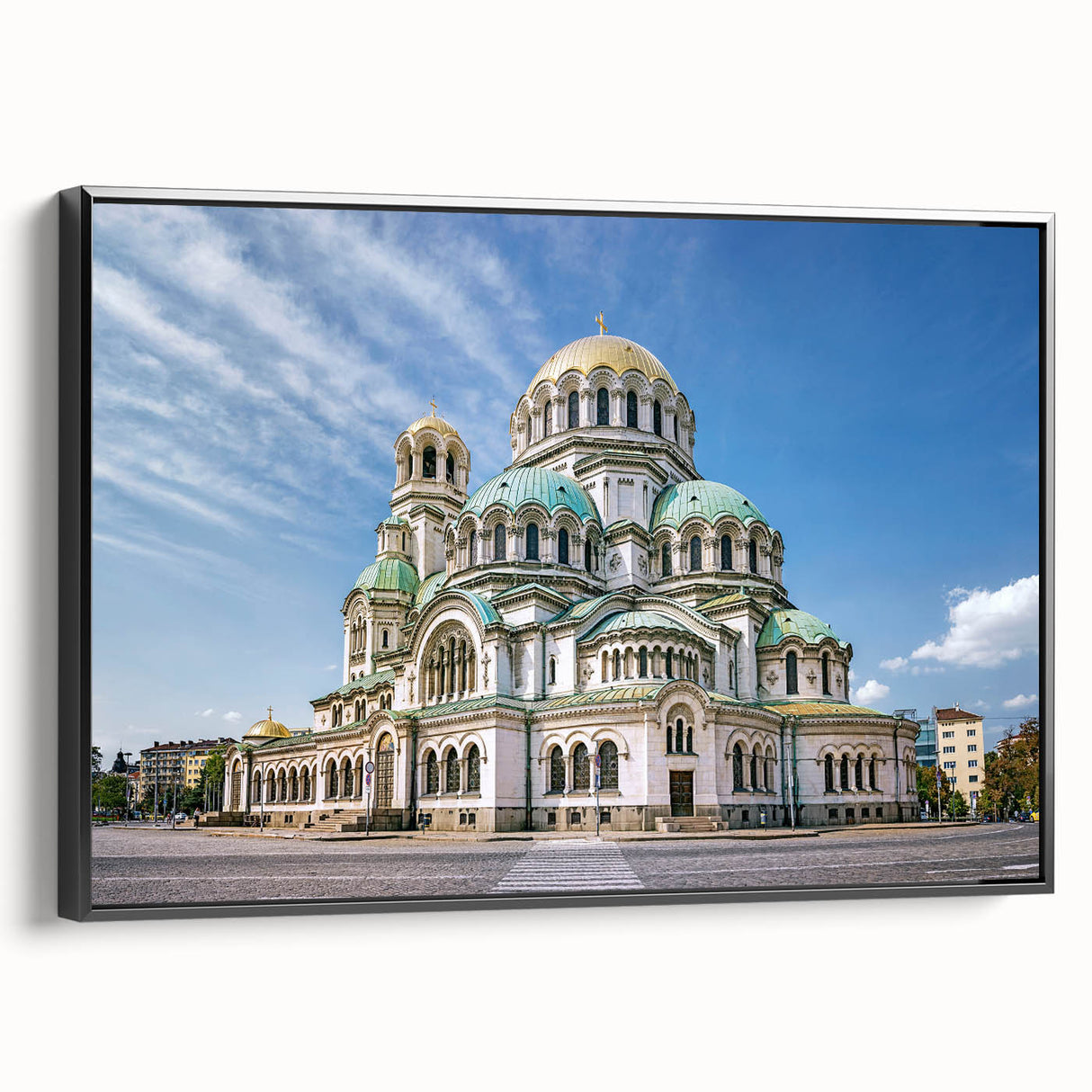 Black and white framed canvas featuring a vintage landscape painting of Bulgarian scenery, ideal for bedroom wall art.