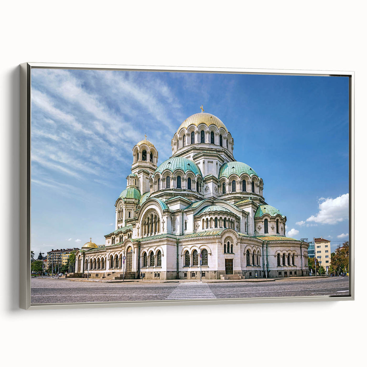 Landscape art painting of a European Bulgarian scenery in muted colors on a framed canvas, ideal for living room decor.