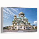 Vintage poster art of a European Bulgarian scenery in vibrant colors on a framed canvas, ideal for living room decor.