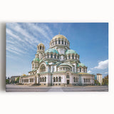 Black and white photo of a European village printed on large stretched canvas.