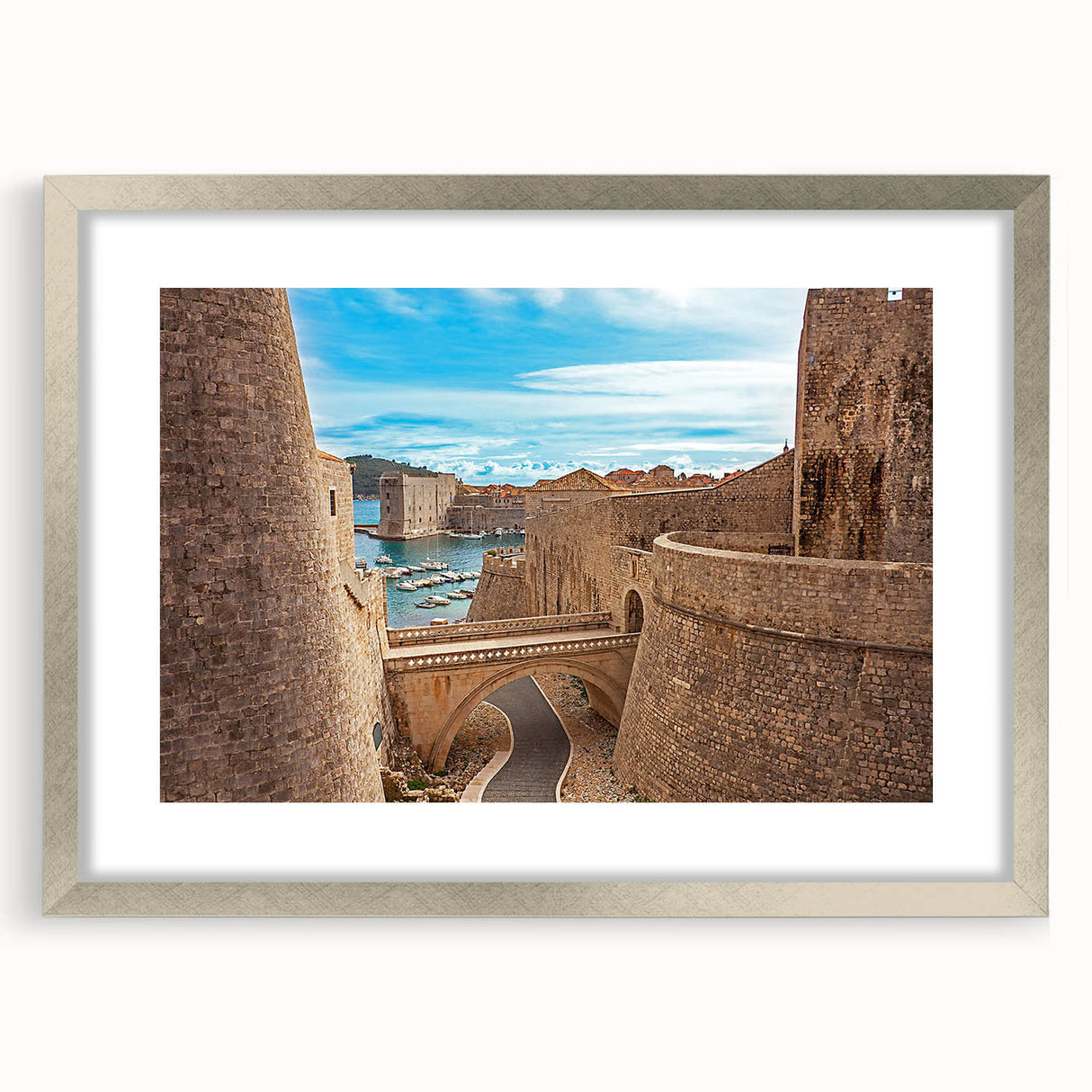 Extra large wall art featuring an abstract textured depiction of a Croatian landscape in muted earth tones, framed in silver.