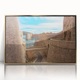 Art deco poster of a Croatian landscape in muted gold and blue tones, acrylic print framed, ideal for modern art wall decor.