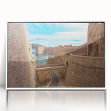 Mid-century modernist acrylic print of a Croatian landscape in muted earth tones, ideal for nursery wall art.