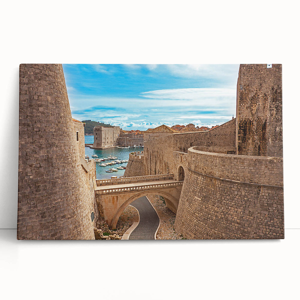 Black and white stretched canvas of a Croatian coastal scene, ideal for kitchen wall art.