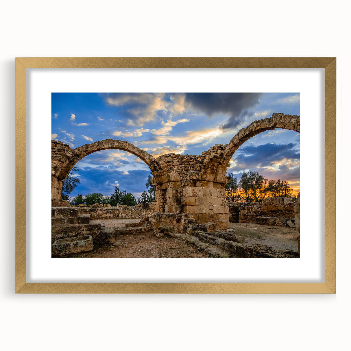 Abstract art print of a European Cyprus landscape in muted earth tones on a framed canvas, suitable for dining room decor.