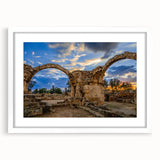 Textured abstract art print depicting a European Cyprus landscape in muted earth tones on a framed white mat.