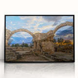Large abstract wall art depicting a European Cyprus landscape in muted earth tones on a framed acrylic.
