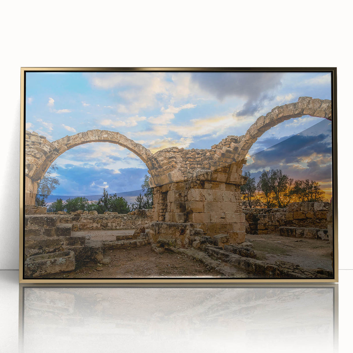 Art deco poster of a European Cyprus landscape in gold frame, acrylic print, suitable for nursery wall art.