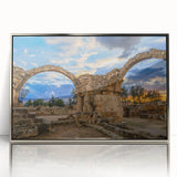 Mid-century modernist style large art print of a European Cyprus landscape in silver framed acrylic.