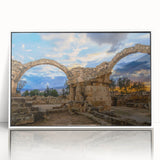 Mid-century modernist art depicting a European Cyprus scenery in muted earth tones on a framed acrylic.