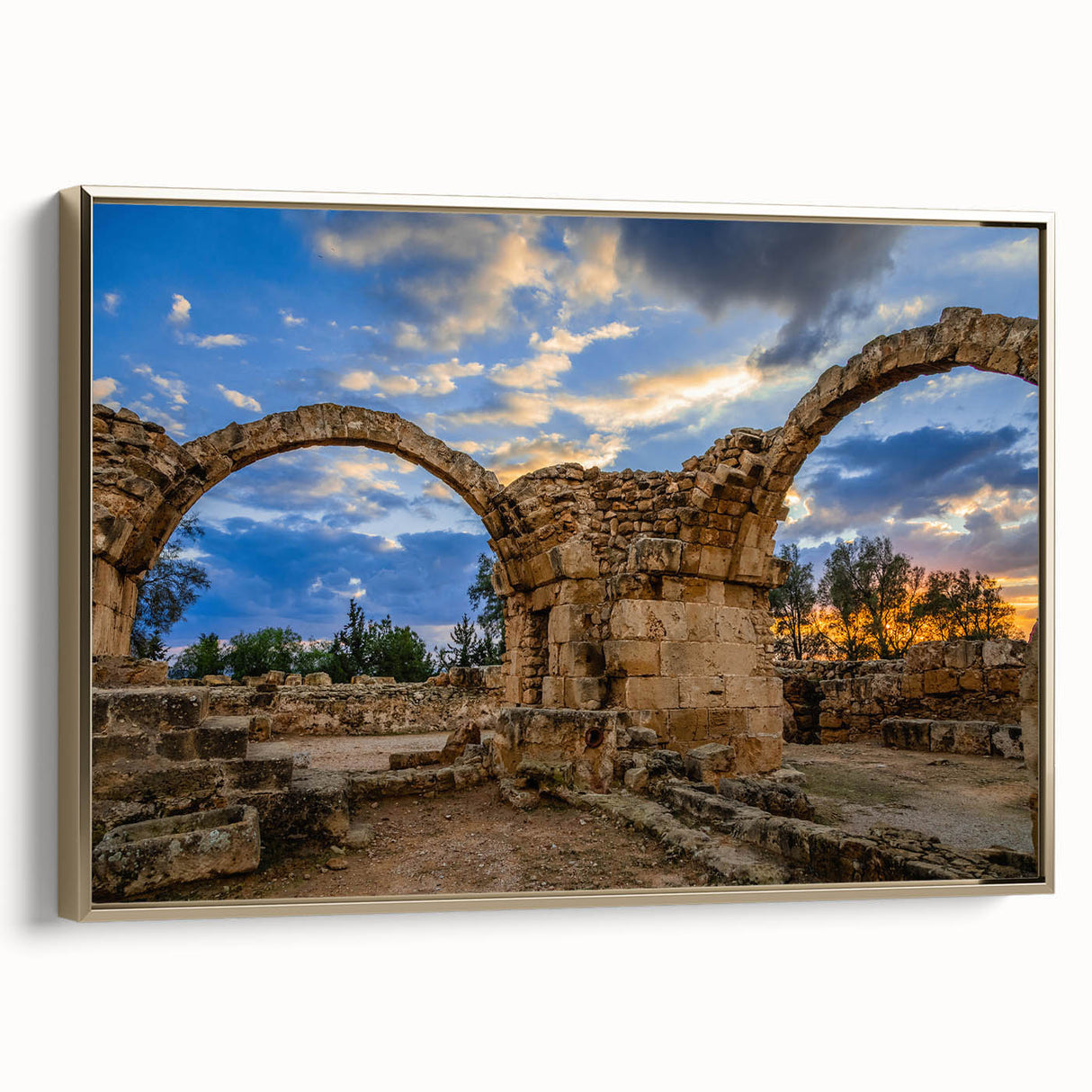 Framed canvas wall art depicting a vintage-style landscape of Cyprus in muted gold and black tones, ideal for bedroom decor.