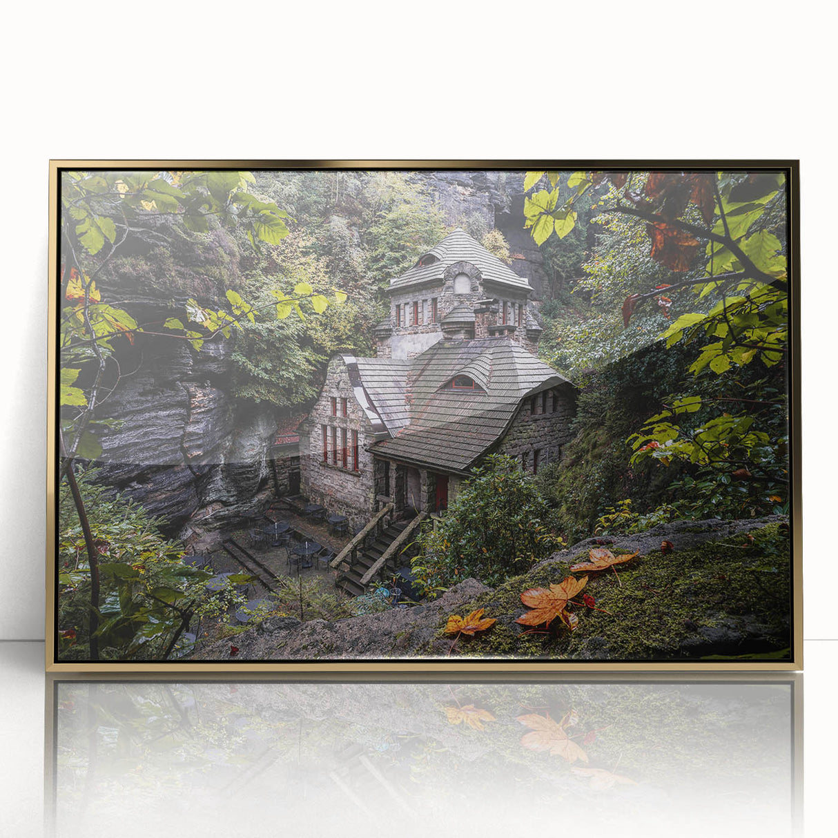 Art deco poster of a Czech Republic scenery in gold frame, acrylic, ideal for modern art wall decor.
