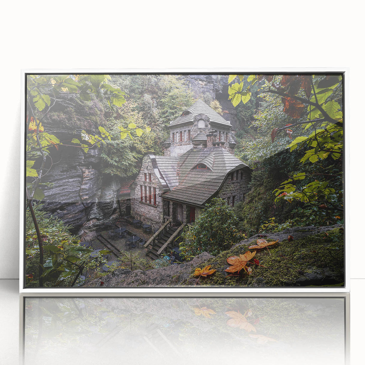 Mid-century modernist art depicting a European Czech Republic scene in muted colors on a white framed acrylic print.