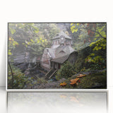 Mid-century modernist art depicting a European Czech Republic scene in muted colors on a white framed acrylic print.