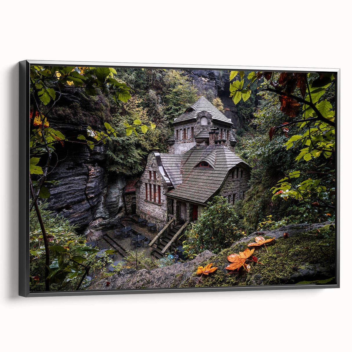 Black and white framed canvas of a Czech Republic landscape, ideal for bedroom wall art.