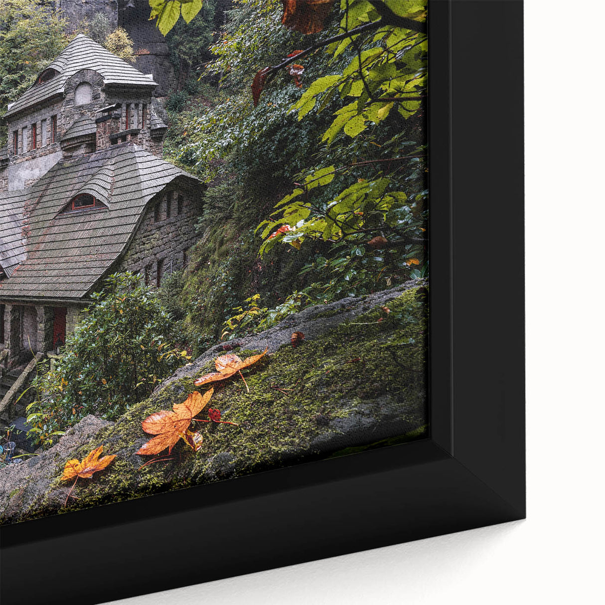 Extra large framed canvas of a textured, black wall art depicting colorful Czech Republic scenery.