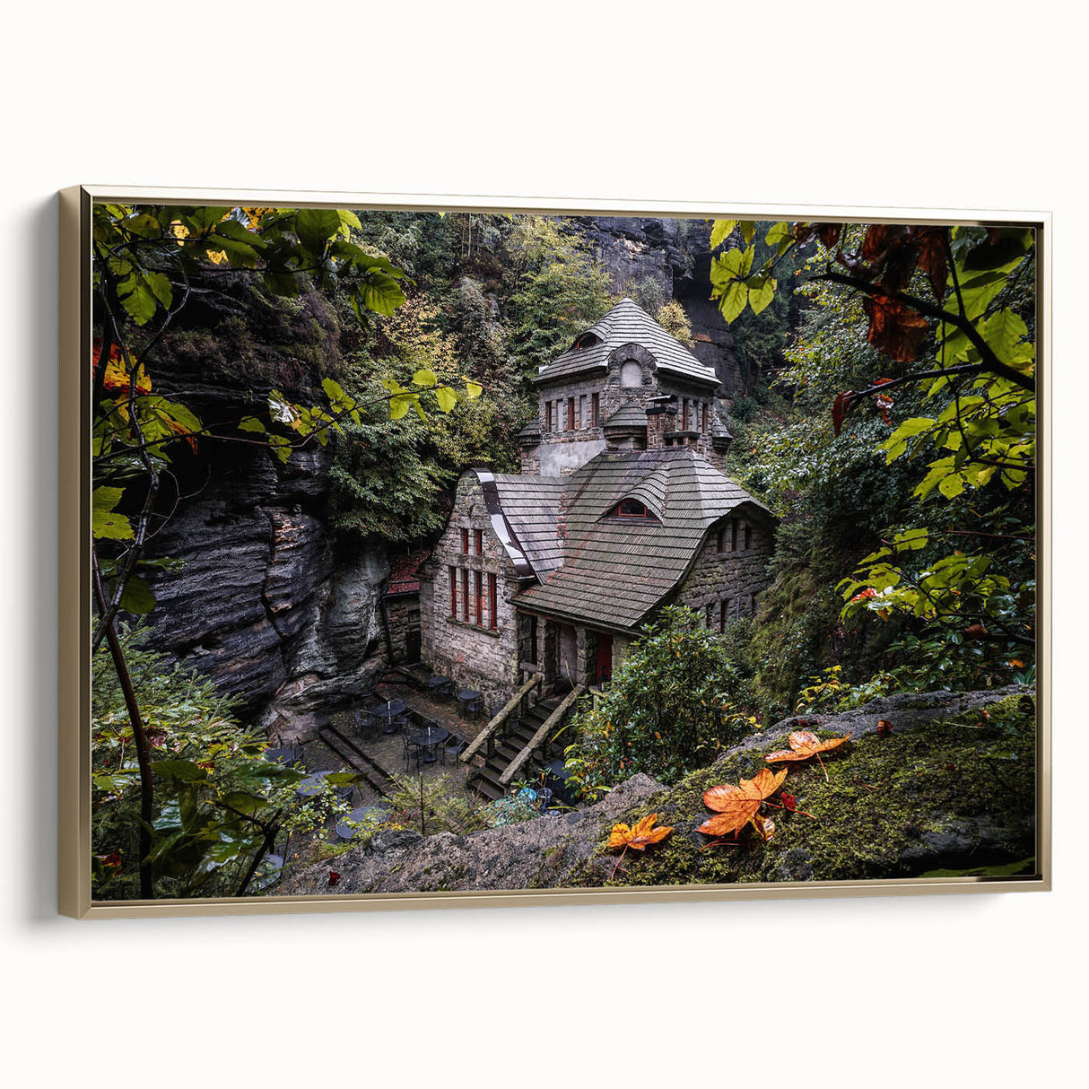 Framed canvas wall art featuring a vintage-style landscape of the Czech Republic in black and gold tones.