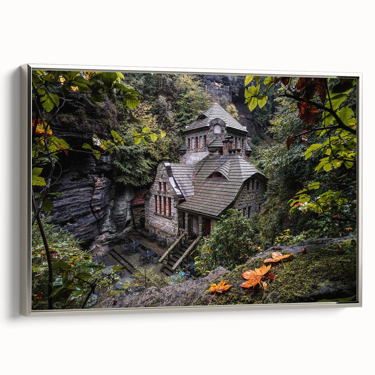 Framed canvas landscape art painting depicting a colorful vintage European scene.