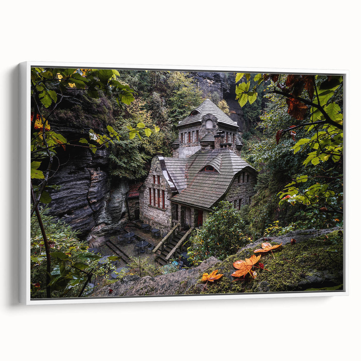 Vintage poster art of Prague on extra large framed canvas, featuring colorful imagery on a black background.