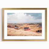 Abstract art print of a European scenery in muted earth tones on a framed canvas, ideal for dining room decor.