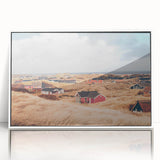 Mid-century modernist art depicting a serene Danish landscape in muted blue and green tones, acrylic print framed in white.