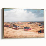 Framed canvas depicting a vintage European landscape in muted gold and black tones, ideal for bedroom wall decor.