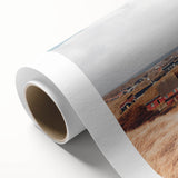 Art deco poster of a serene Danish landscape in muted green and blue tones on rolled canvas, ideal for nursery wall art.