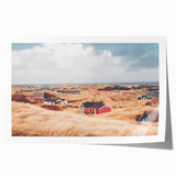Extra large rolled print of a Danish landscape featuring vibrant green fields and soft blue skies.