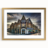 Abstract art print of a serene Cumbrian landscape in soft green and blue tones, framed in gold, ideal for dining room decor.