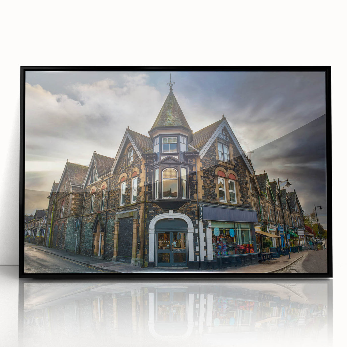Large abstract wall art depicting a serene Cumbria landscape in muted earth tones, framed in black acrylic.