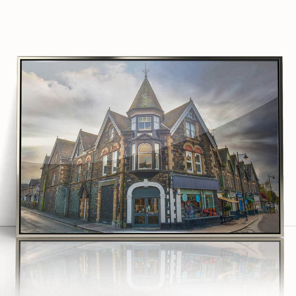 Large art print of a Cumbria landscape in muted greens and blues on a silver-framed acrylic, ideal for modern art wall decor.