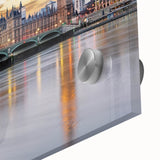 Large abstract depiction of London scenery in muted earth tones on acrylic glass, ideal for dining room art.