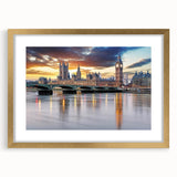 Abstract art print of London scenery in muted gray and blue tones on a framed poster, suitable for dining room decor.