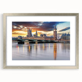 Extra large abstract art print of London scenery in muted colors on a textured canvas, framed in silver.