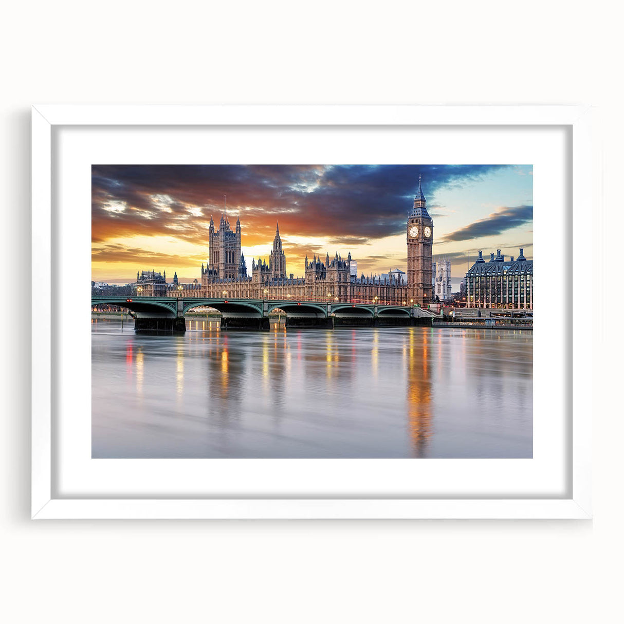 Textured abstract art print of London scenery in muted earth tones on a framed canvas, suitable for bedroom decor.