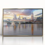 Modern art wall decor featuring an art deco poster of London, rendered in gold and black tones on framed acrylic.