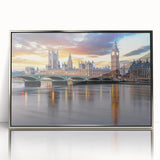 Large art print of London scenery in muted gray tones, framed in silver acrylic, suitable for modern art wall decor.