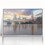 Mid-century modernist art of London skyline in muted gray and blue tones on framed acrylic.