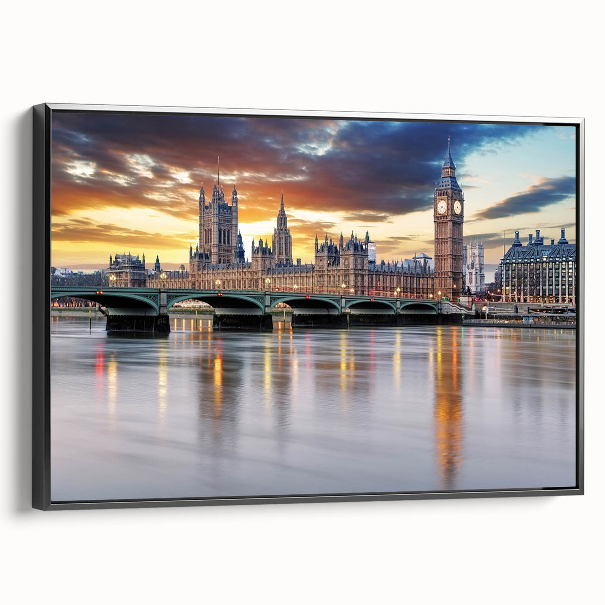 Black and white vintage poster art of London landscape on framed canvas, ideal for bedroom wall decor.