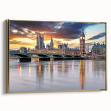Framed canvas depicting vintage-style London landscape in black and gold tones, ideal for bedroom wall art.