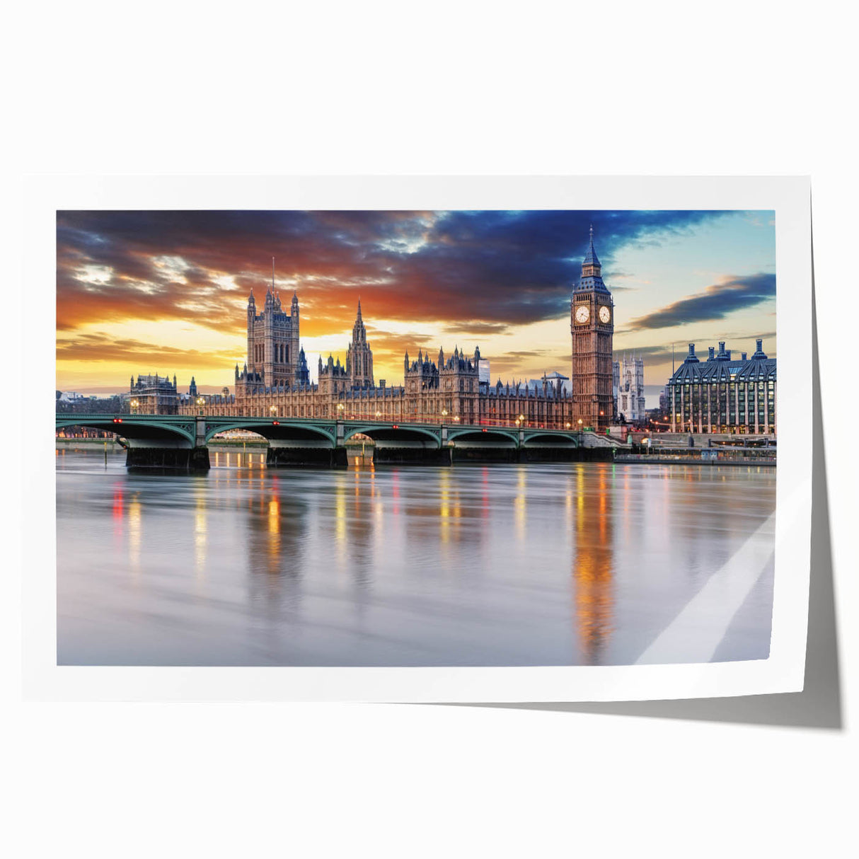Rolled canvas print of a London cityscape with soft pastel hues, suited for art wall dining room or classy bathroom decor.