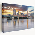 Large canvas print of the London skyline in muted gray and blue tones, suitable for kitchen wall art.