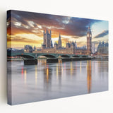 Large canvas print of the London skyline in muted gray and blue tones, suitable for kitchen wall art.