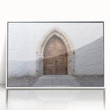 Mid-century modernist art depicting a European Estonian landscape in muted pastel shades on a framed acrylic.