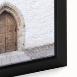 Extra large framed canvas depicting a textured, colorful European scenery in black, ideal for living room decor.