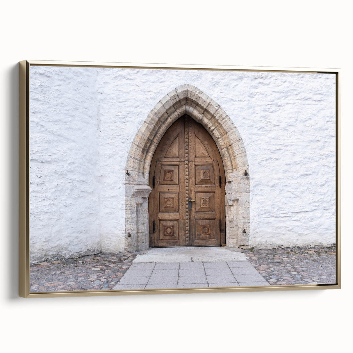 Framed canvas of a vintage European landscape in Estonia, featuring black and gold tones, ideal for bedroom wall art.