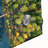 Large abstract wall art depicting a serene Finnish landscape in muted earth tones on acrylic glass.