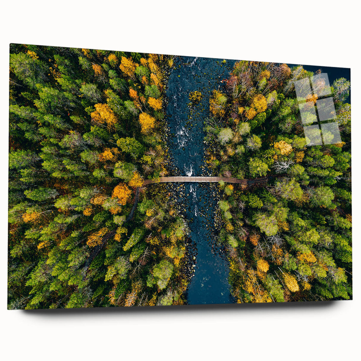 Large abstract wall art depicting a serene Finnish landscape in muted blues and greens on acrylic glass.